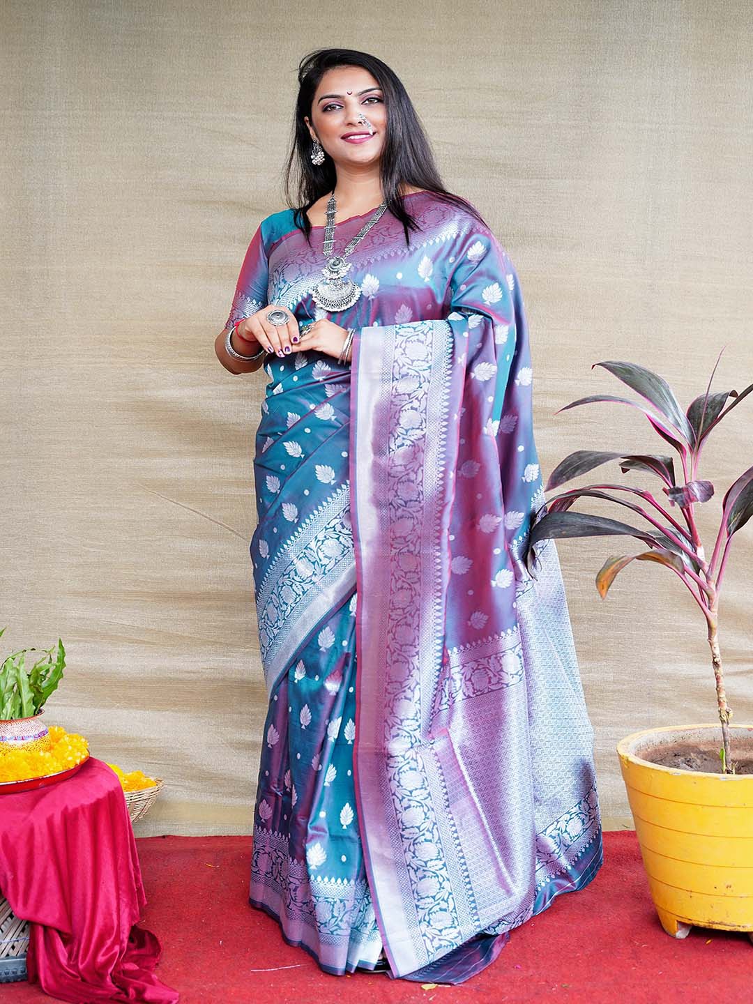 

Mitera Blue & Silver-Toned Ethnic Motifs Woven Design Zari Banarasi Silk Saree