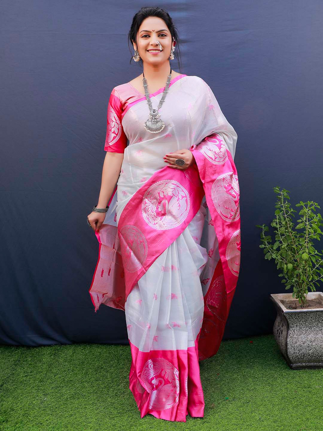 

Mitera Pink & Pink Ethnic Motifs Woven Design Zari Tissue Silk Saree