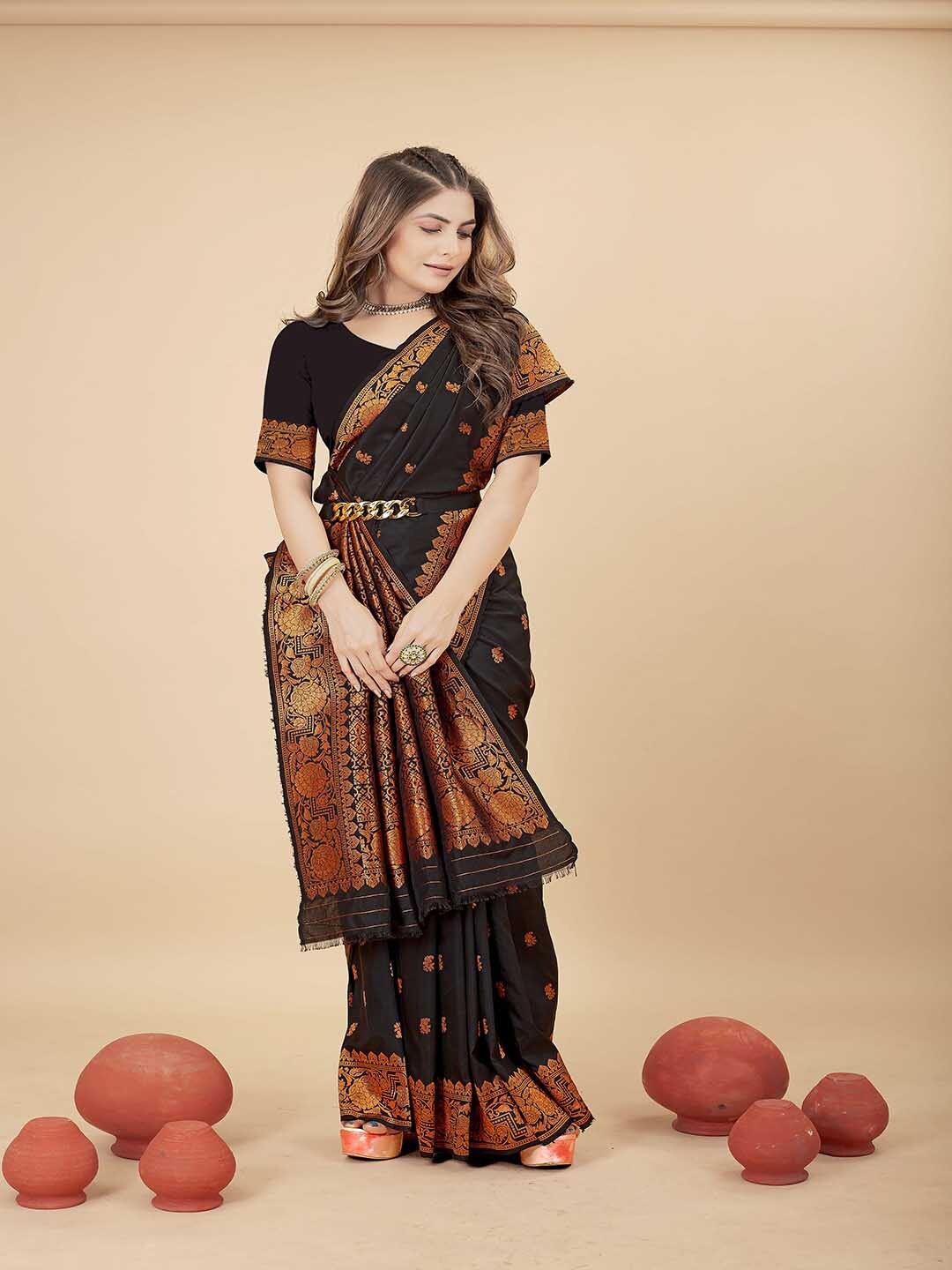 

Mitera Black & Copper-Toned Ethnic Motif Woven Design Zari Saree