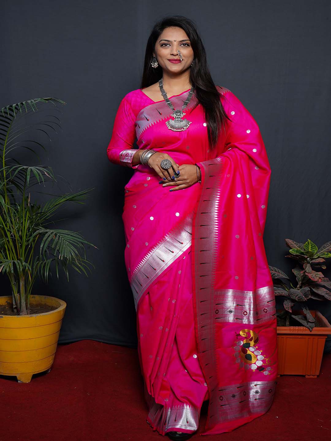 

Mitera Pink & Green Woven Design Paithani Zari Saree