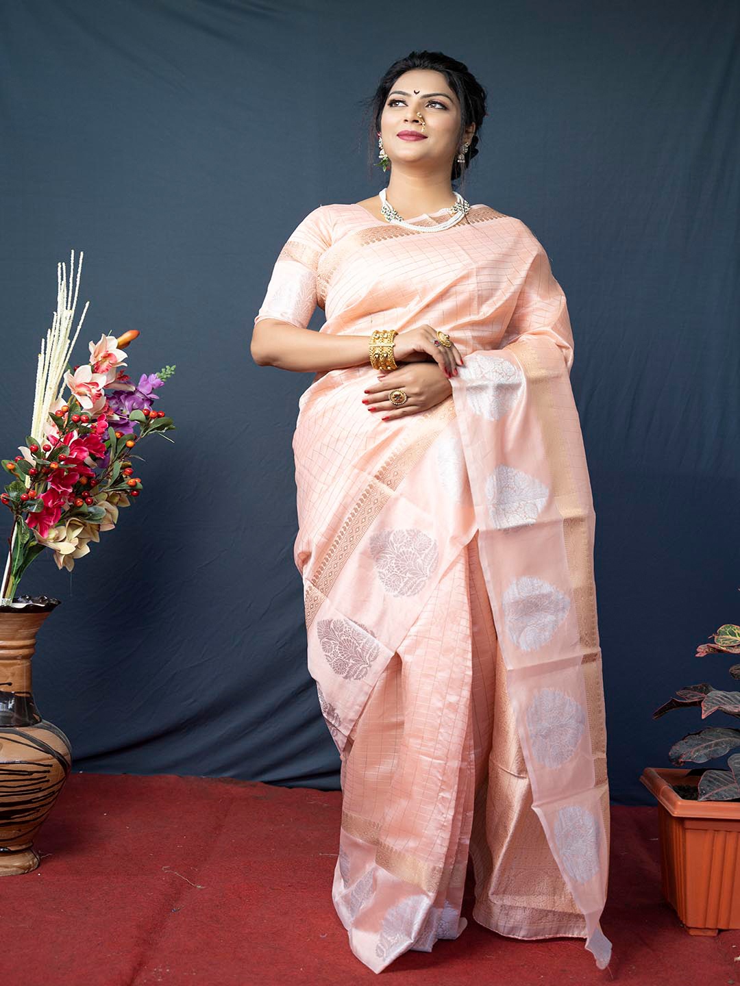 

Mitera Peach-Coloured & Silver-Toned Checked Zari Linen Blend Saree