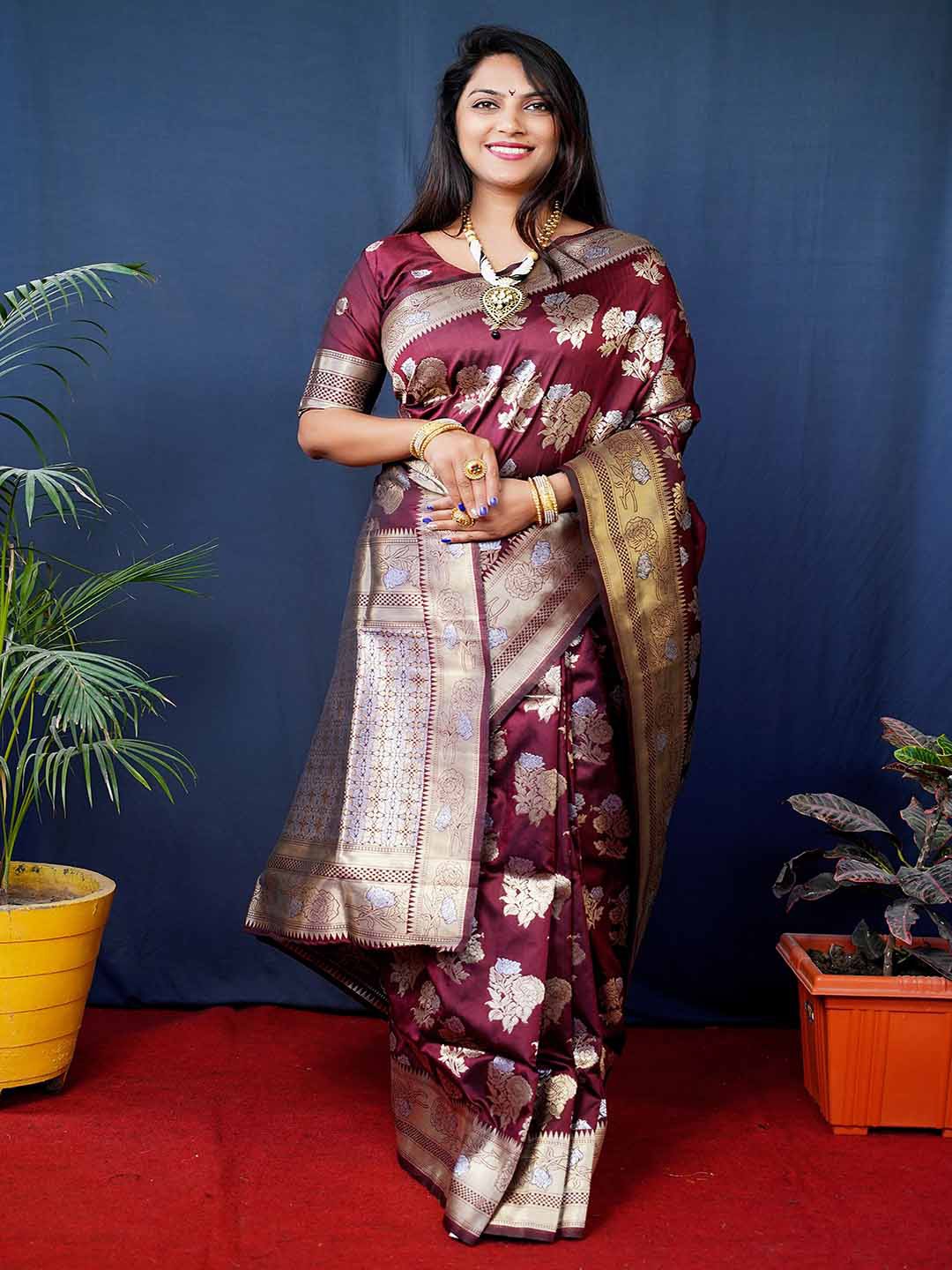 

Mitera Floral Woven Design Zari Banarasi Silk Saree, Maroon