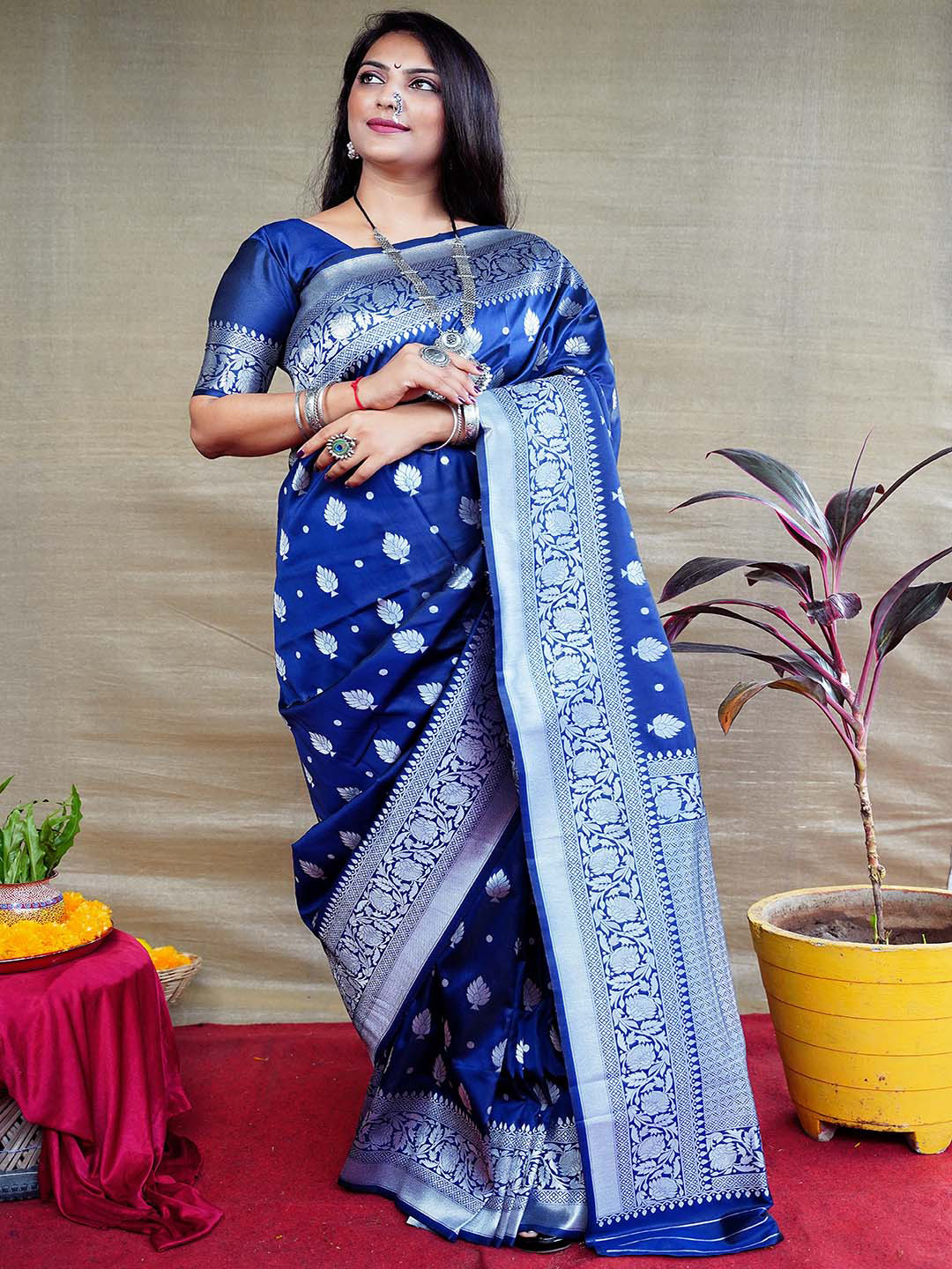 

Mitera Blue & Silver-Toned Ethnic Motif Woven Design Zari Banarasi Silk Saree