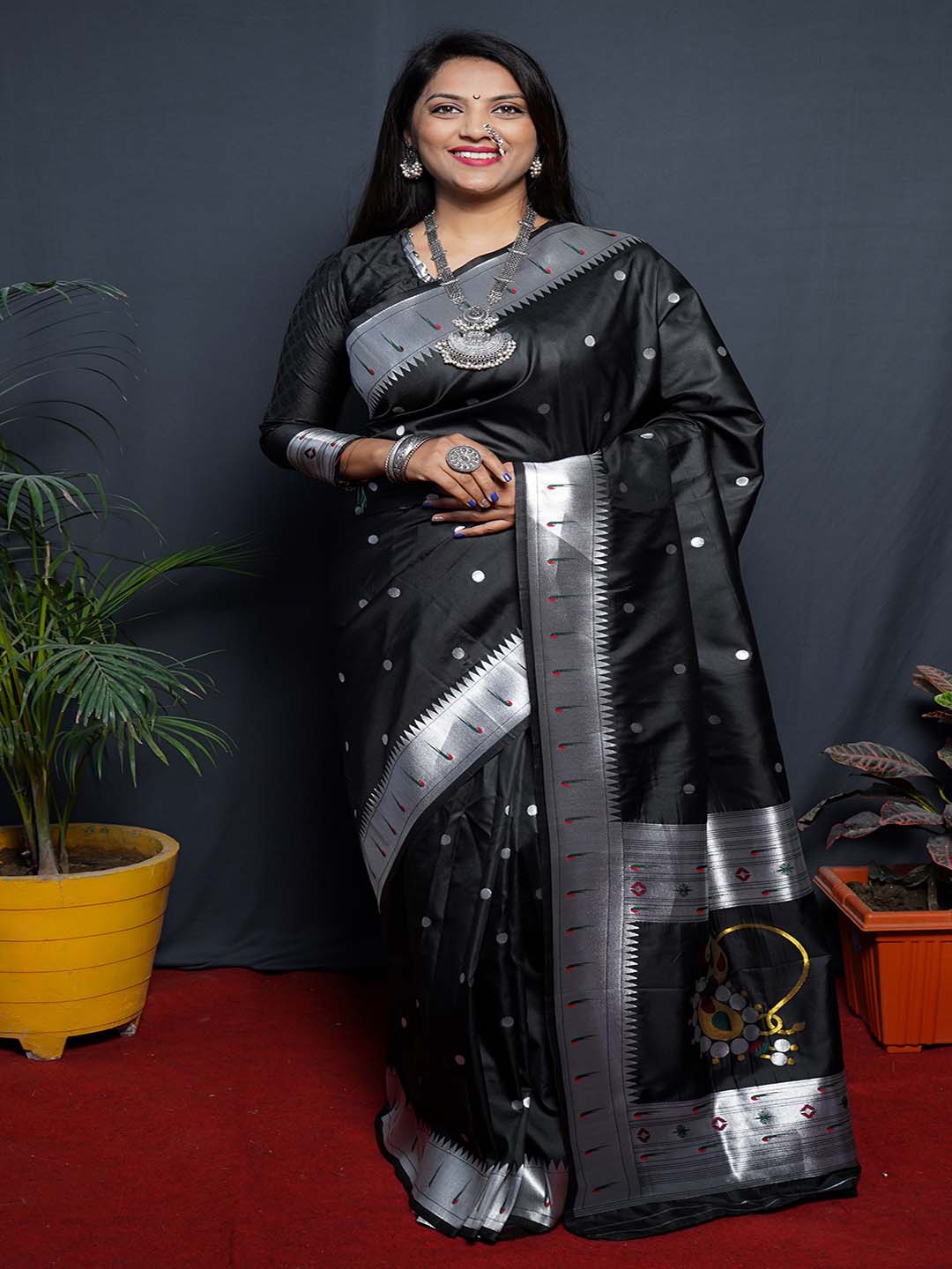 

Mitera Black & Silver-Toned Polka Dots Woven Design Zari Paithani Saree