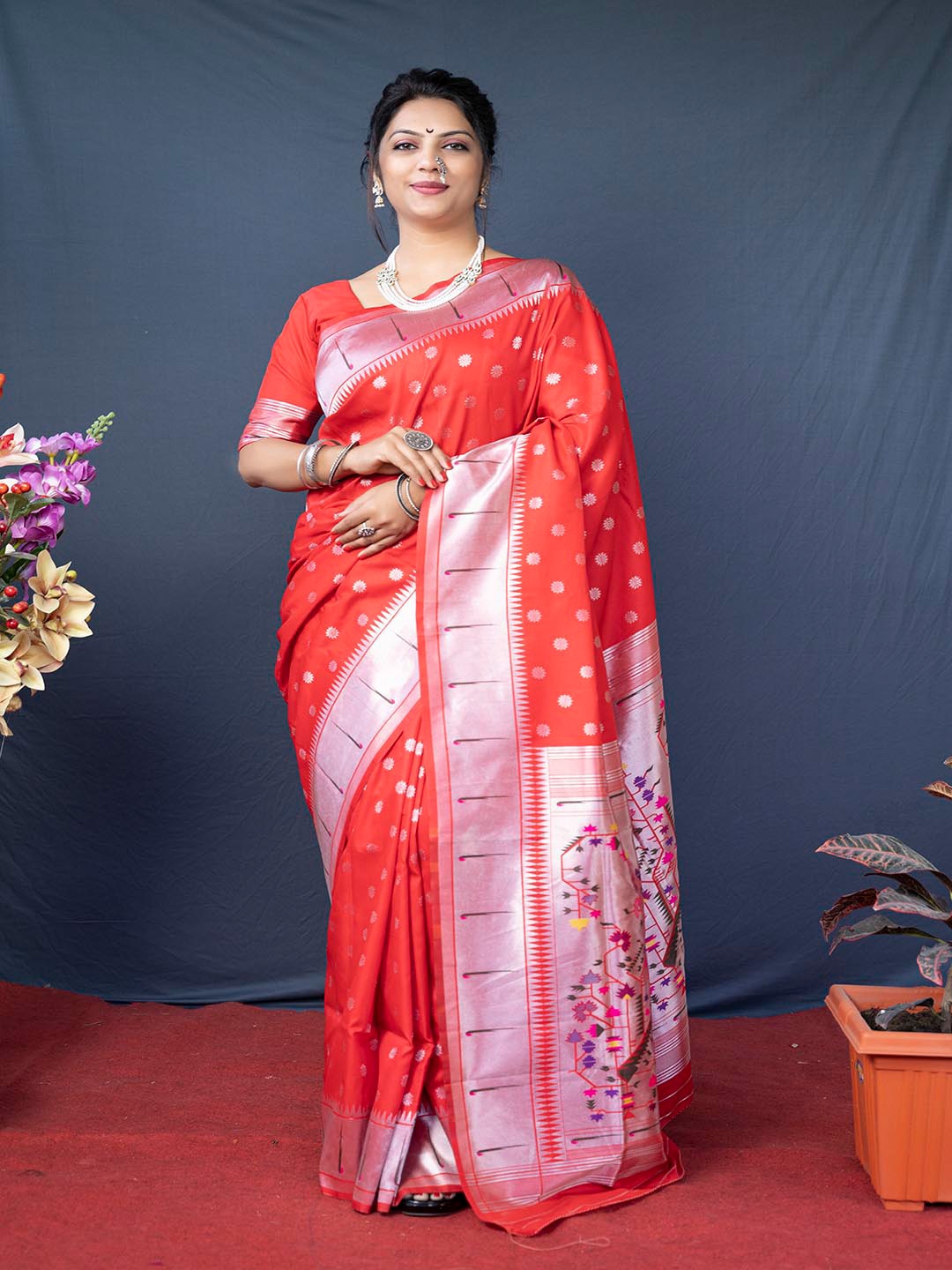 

Mitera Red & Green Ethnic Motifs Woven Design Zari Art Silk Paithani Saree