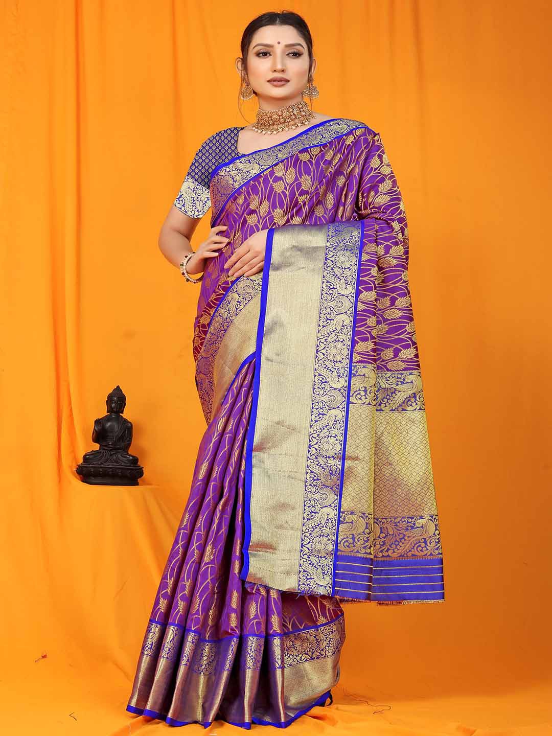 

Mitera Purple & Blue Floral Woven Design Zari Pure Kanchipuram Art Silk Saree