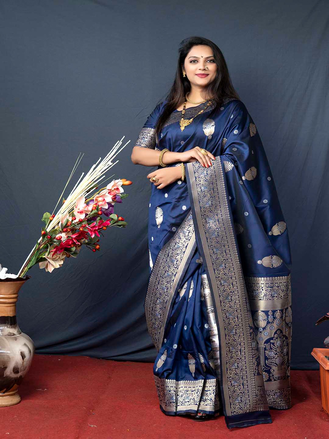 

Mitera Navy Blue & Gold-Toned Ethnic Motifs Woven Design Zari Banarsai Saree