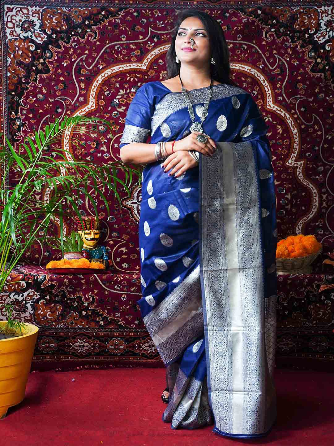 

Mitera Navy Blue & Silver-Toned Ethnic Motifs Woven Design Zari Linen Blend Saree