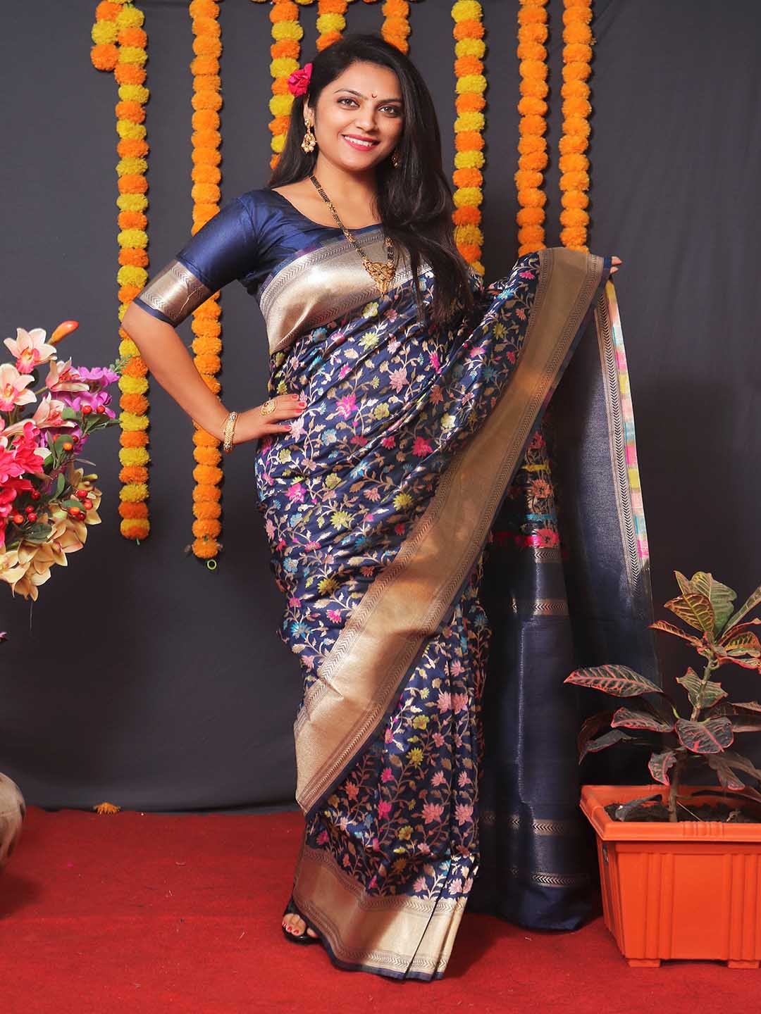 

Mitera Navy Blue & Gold-Toned Floral Woven Design Zari Art Silk Saree