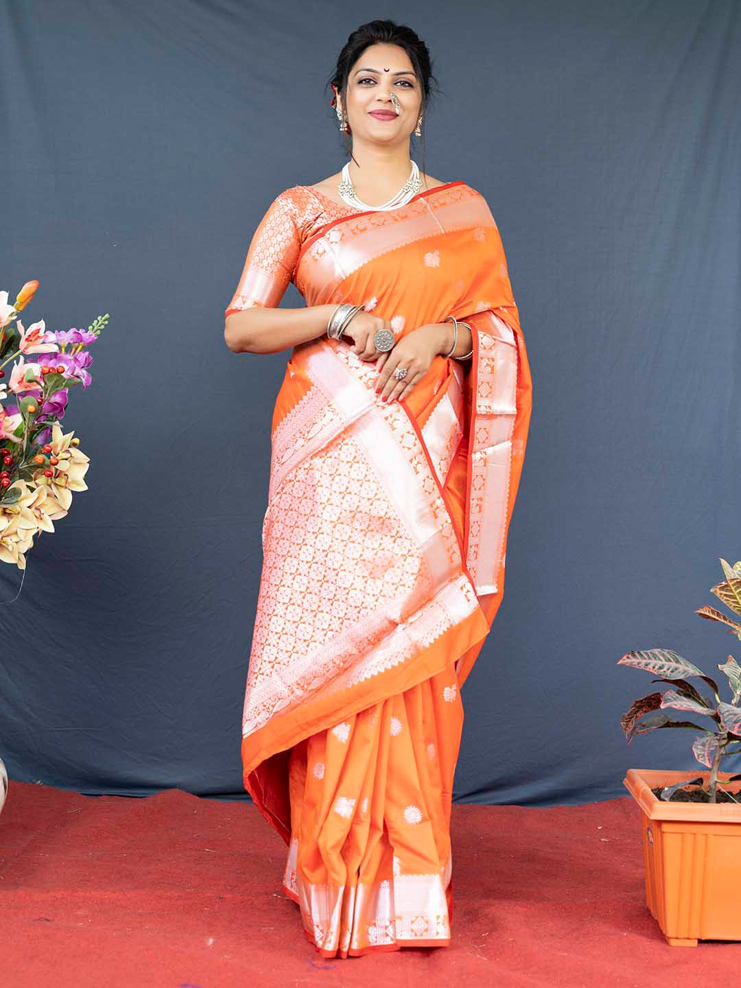 

Mitera Orange & Gold-Toned Ethnic Motifs Woven Design Zari Banarasi Saree