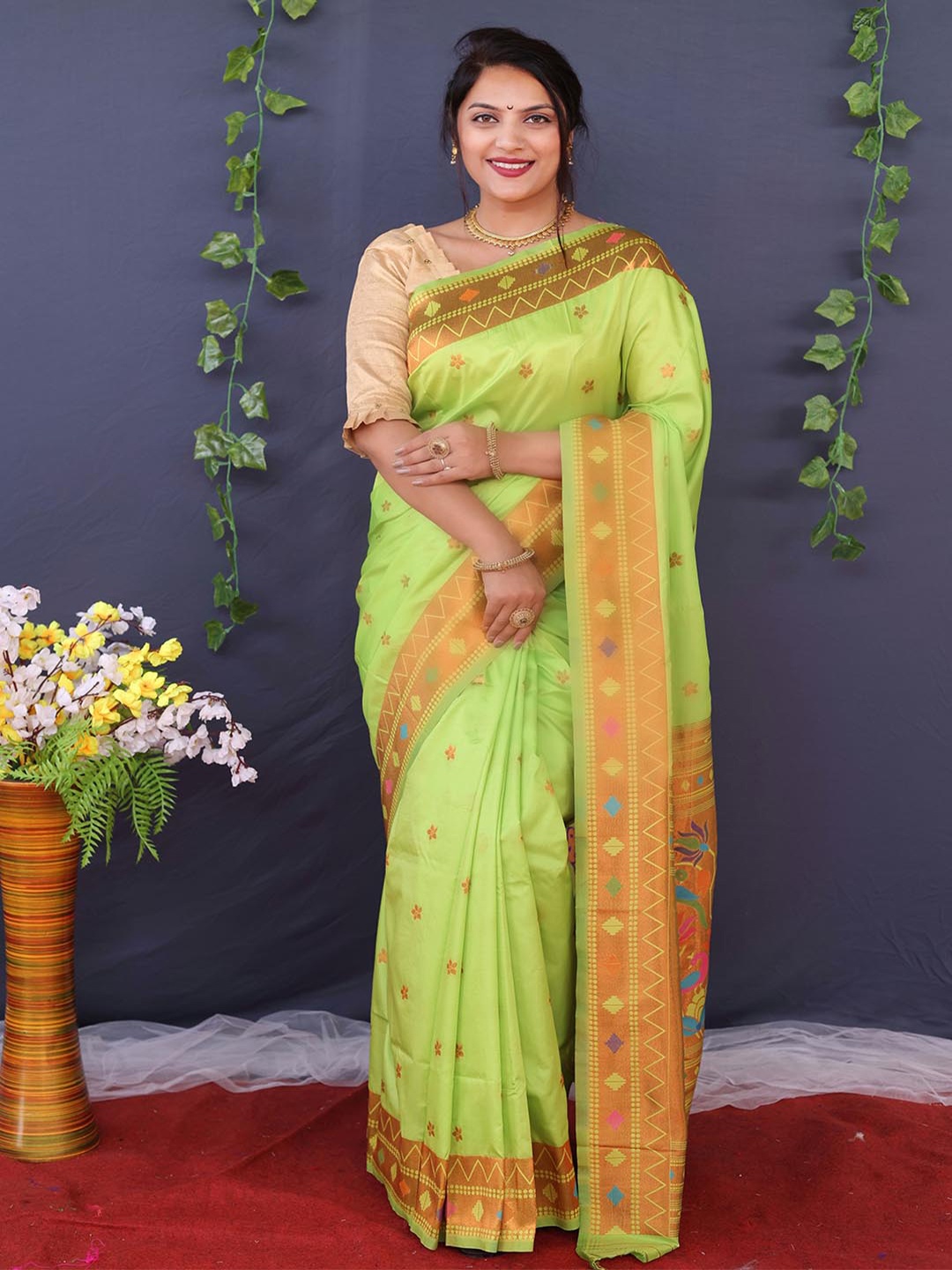

Mitera Floral Woven Design Zari Saree, Green