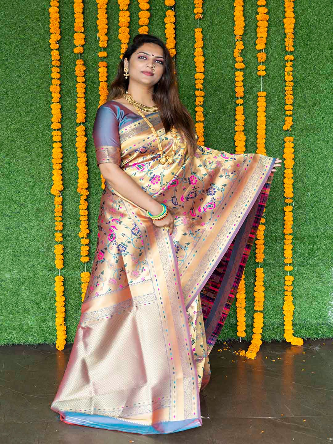 

Mitera Blue & Pink Ethnic Motifs Woven Design Zari Paithani Pure Silk Saree