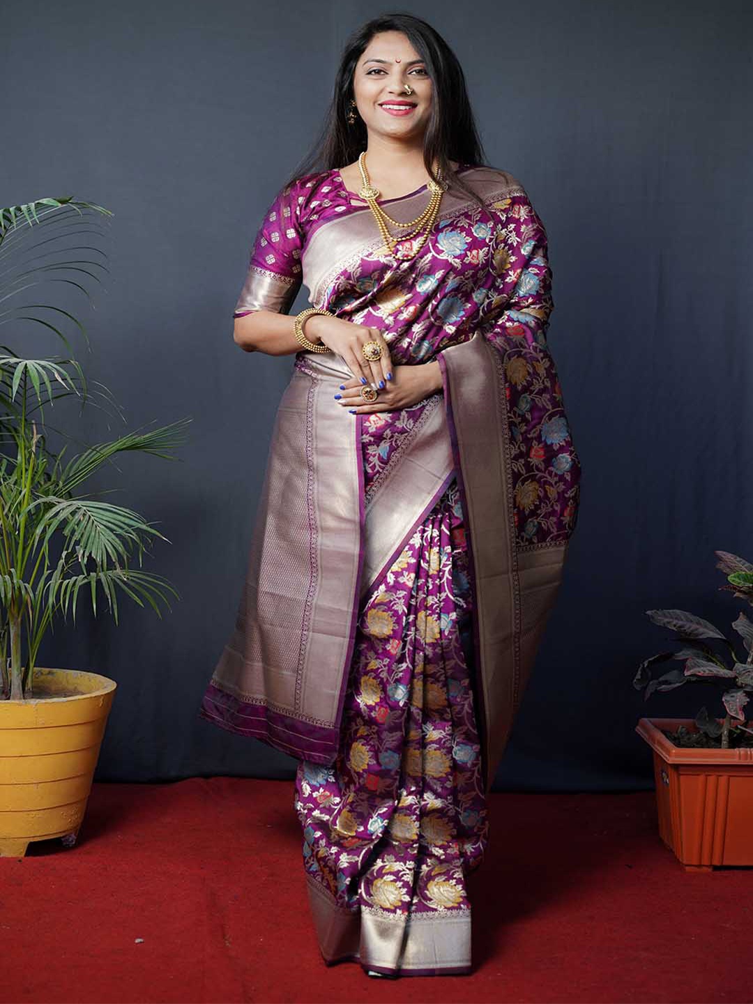 

Mitera Purple & Turquoise Blue Floral Woven Design Zari Art Silk Banarasi Saree
