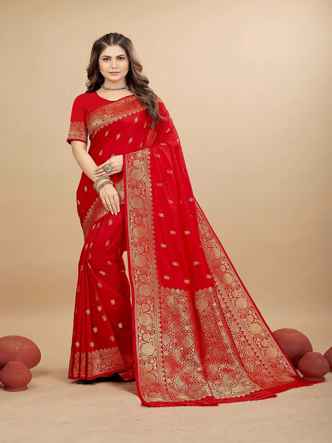 

Mitera Red & Gold-Toned Ethnic Motifs Woven Design Zari Art Silk Saree