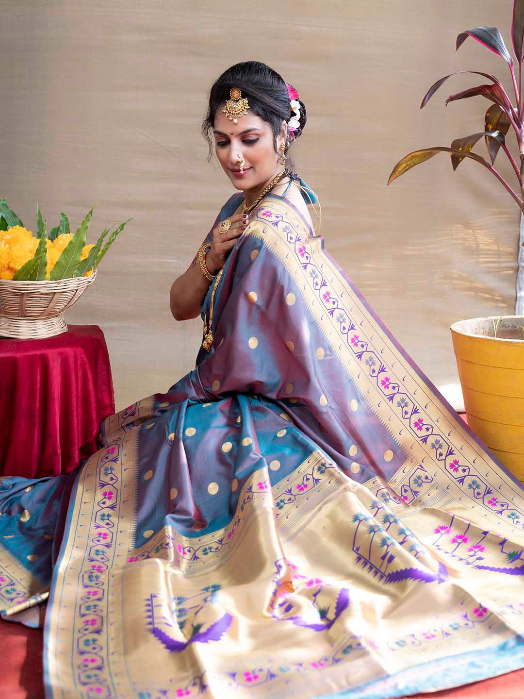 

Mitera Blue & Gold-Toned Ethnic Motifs Woven Design Zari Paithani Saree