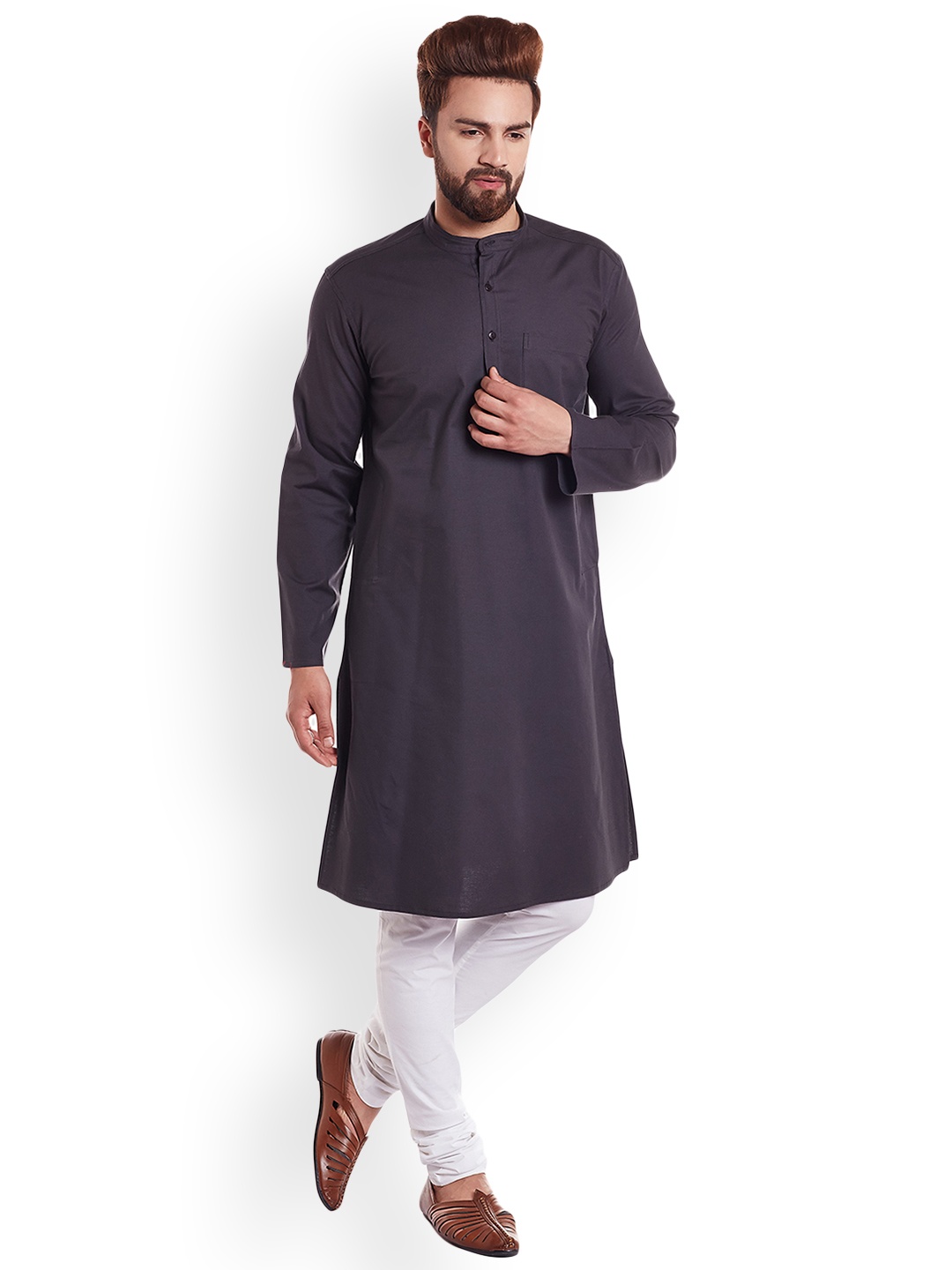 

even Men Charcoal Grey Solid Straight Kurta