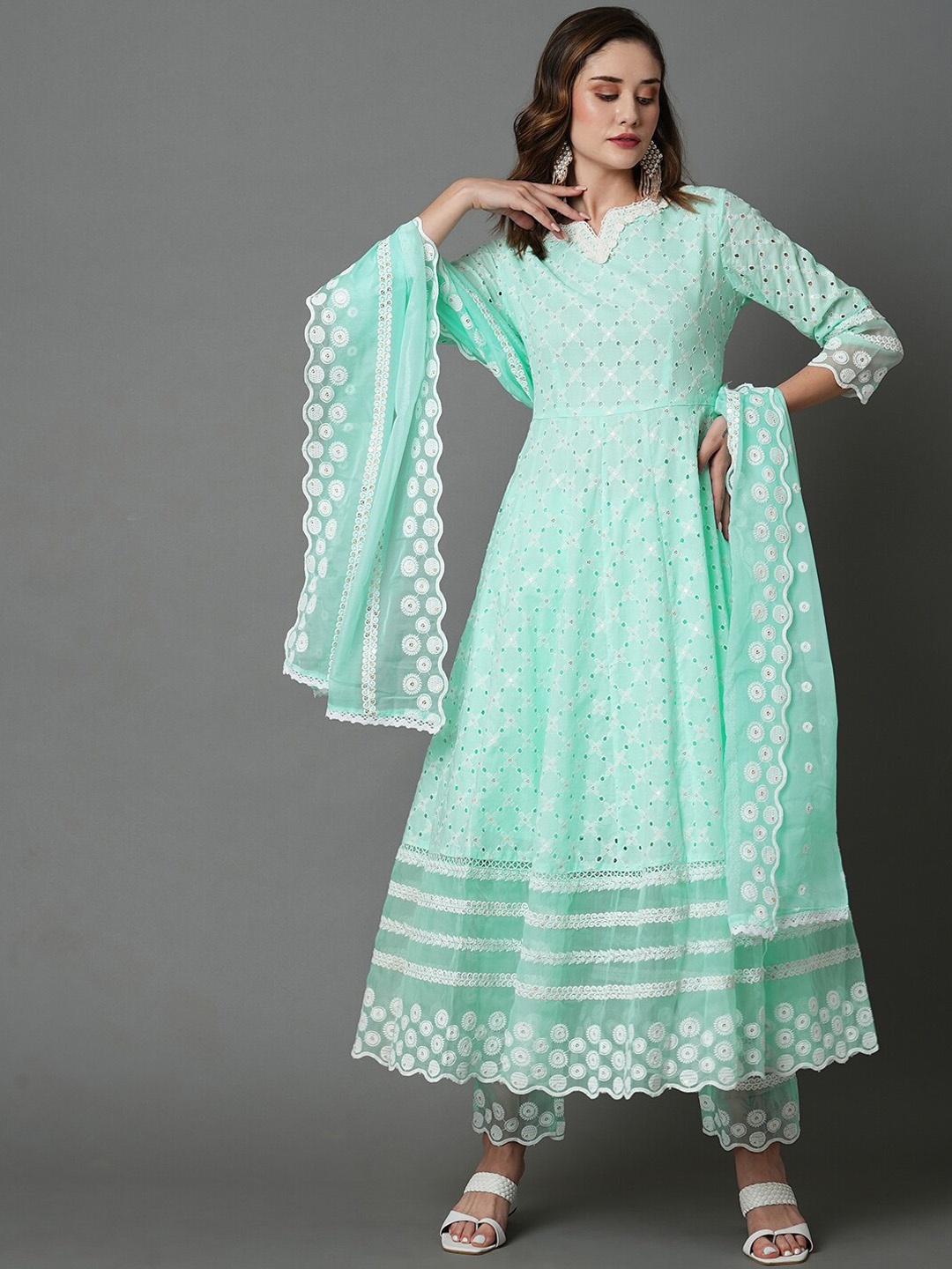 

HEEPOSH Self Design Pure Cotton Anarkali Kurta & Trousers With Dupatta, Green