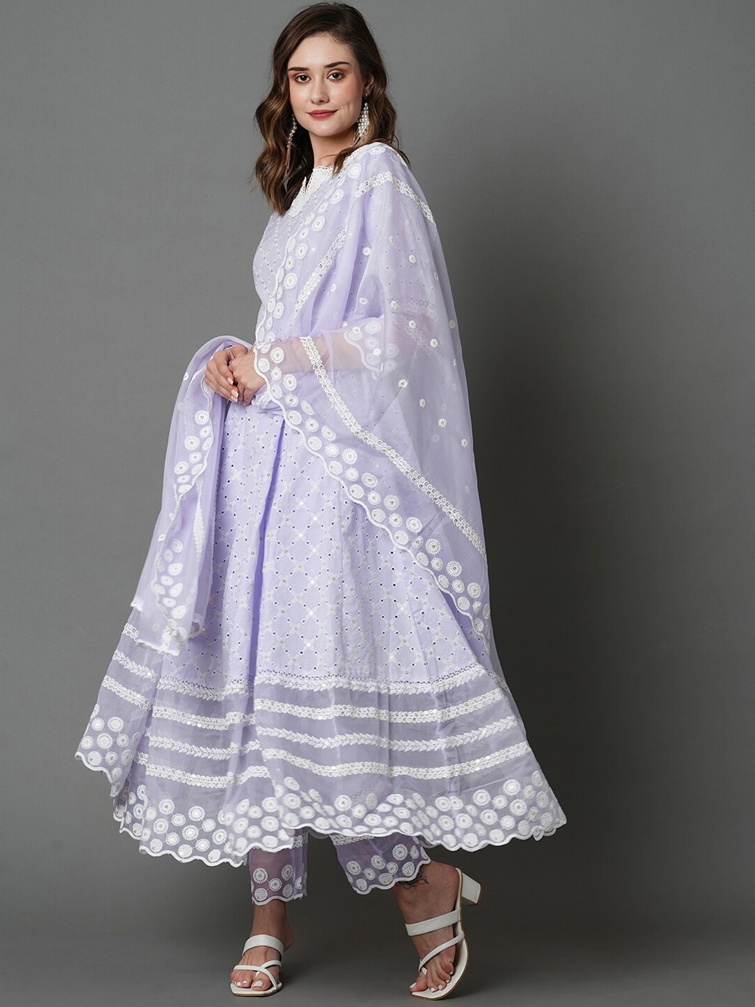 

HEEPOSH Schiffli Chikankari Pure Cotton Anarkali Kurta With Trousers & Dupatta, Lavender