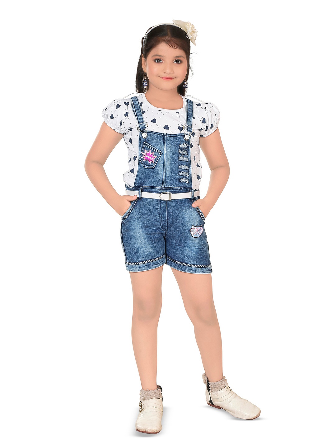 

BURBN Girls Cotton Denim T-shirt & Dungaree Set, White