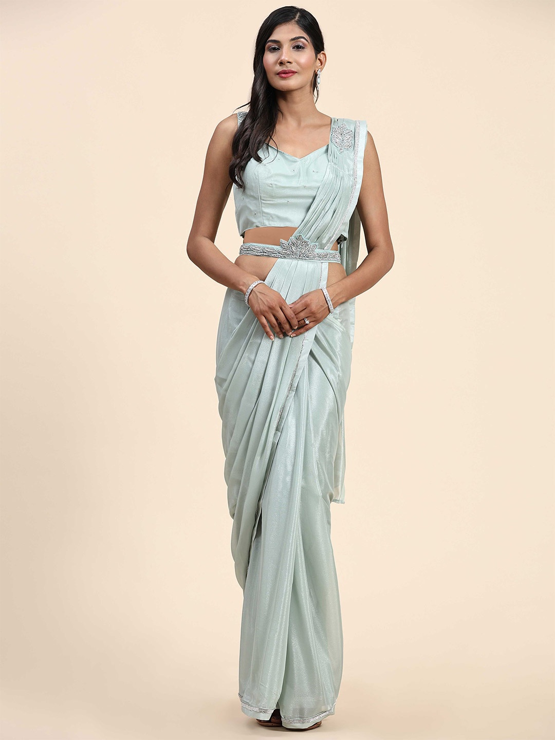 

Mitera Blue & Silver-Toned Embellished Border Ready to Wear Saree