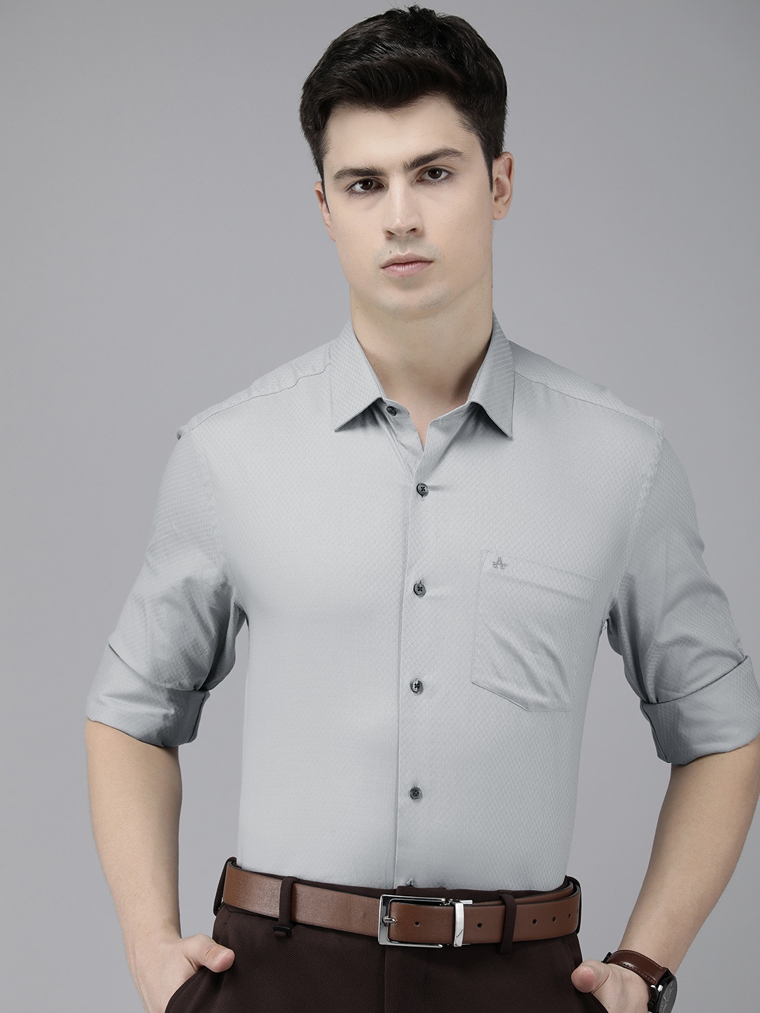 

Arrow Pure Cotton Self Design Textured Manhattan Slim Fit Formal Shirt, Grey