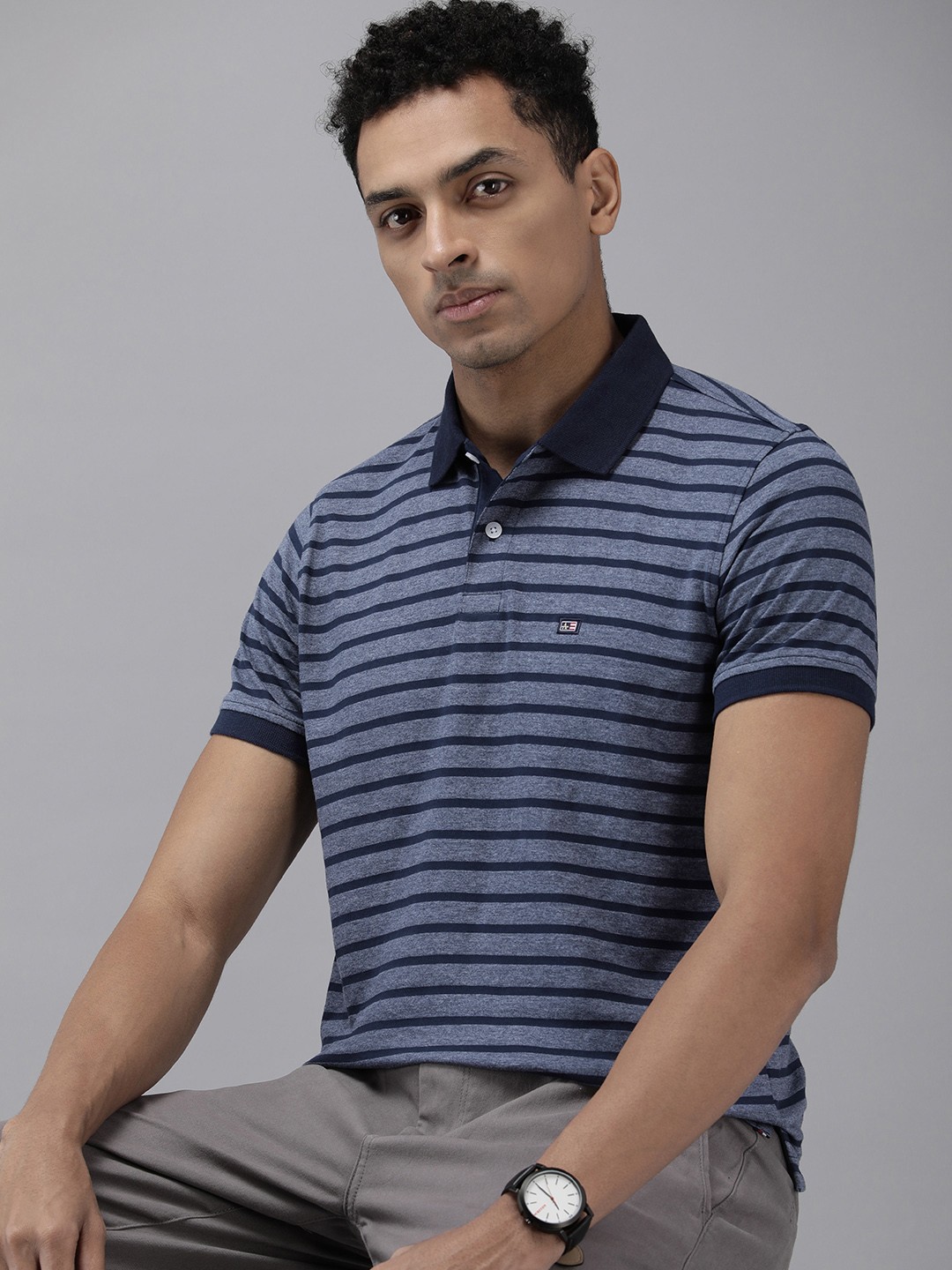 

Arrow Polo Collar Horizontal Striped Regular Fit Casual T-shirt, Navy blue