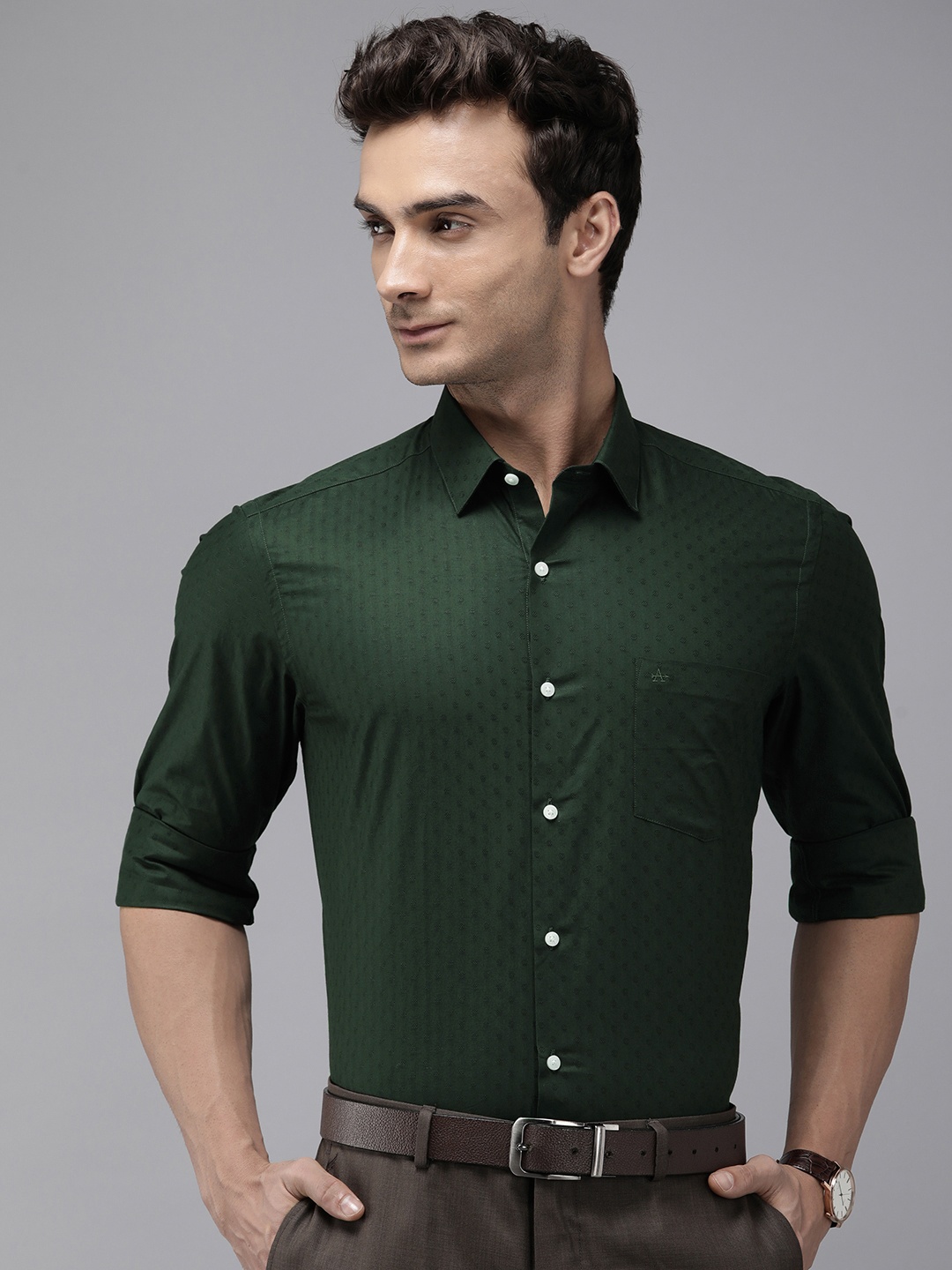 

Arrow Pure Cotton Originals Manhattan Slim Fit Self Design Formal Shirt, Green