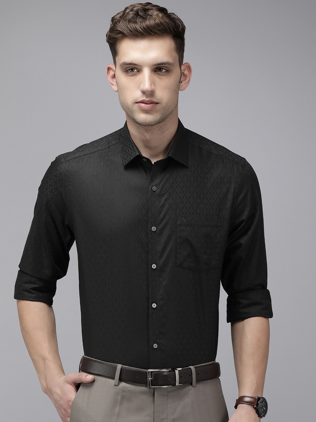 

Arrow Pure Cotton Self Design Checked Manhattan Slim Fit Formal Shirt, Black