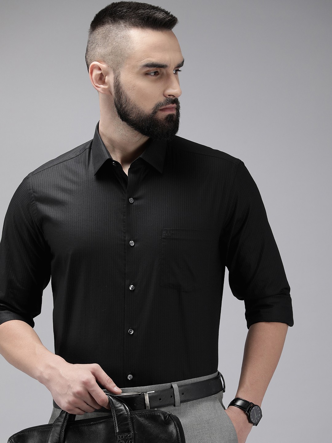 

Arrow Manhattan Slim Fit Textured Pure Cotton Formal Shirt, Black