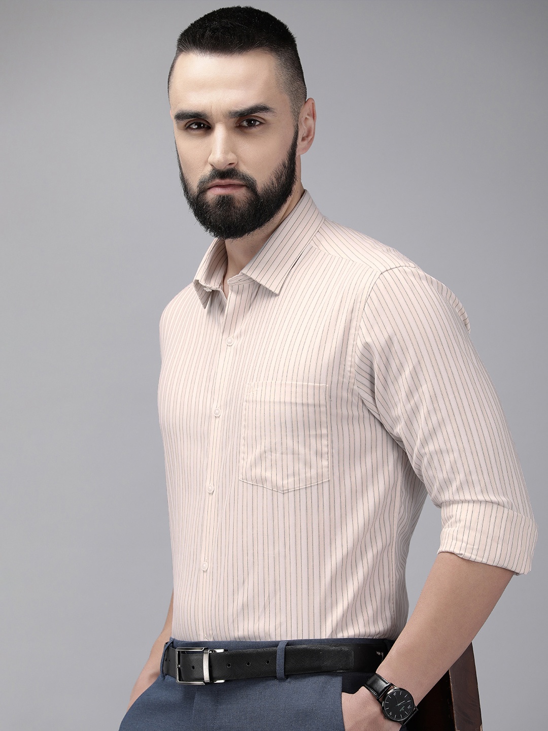 

Arrow Manhattan Slim Fit Striped Pure Cotton Formal Shirt, Beige