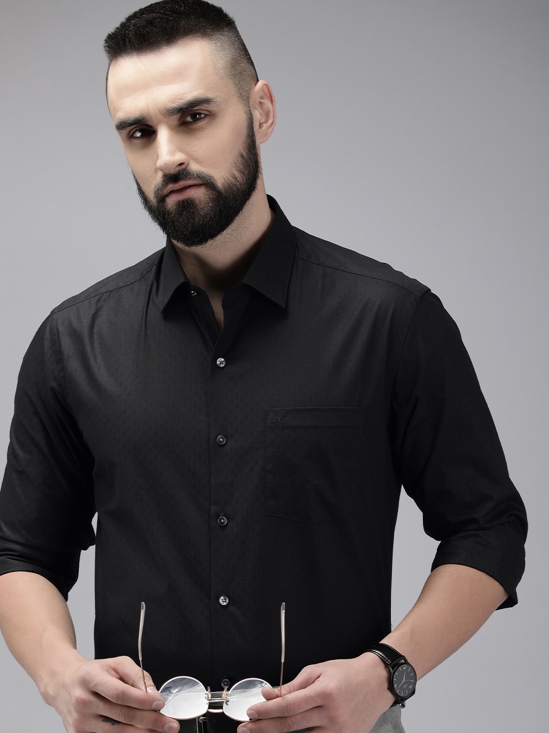 

Arrow Manhattan Slim Fit Textured Pure Cotton Formal Shirt, Black