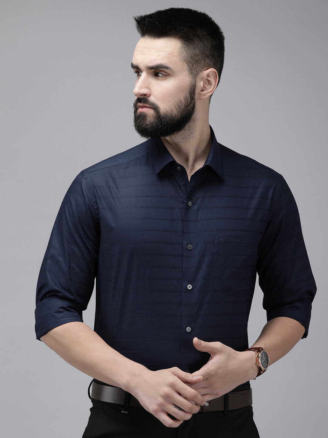

Arrow Pure Cotton Manhattan Self Design Horizontal Stripes Slim Fit Opaque Formal Shirt, Navy blue