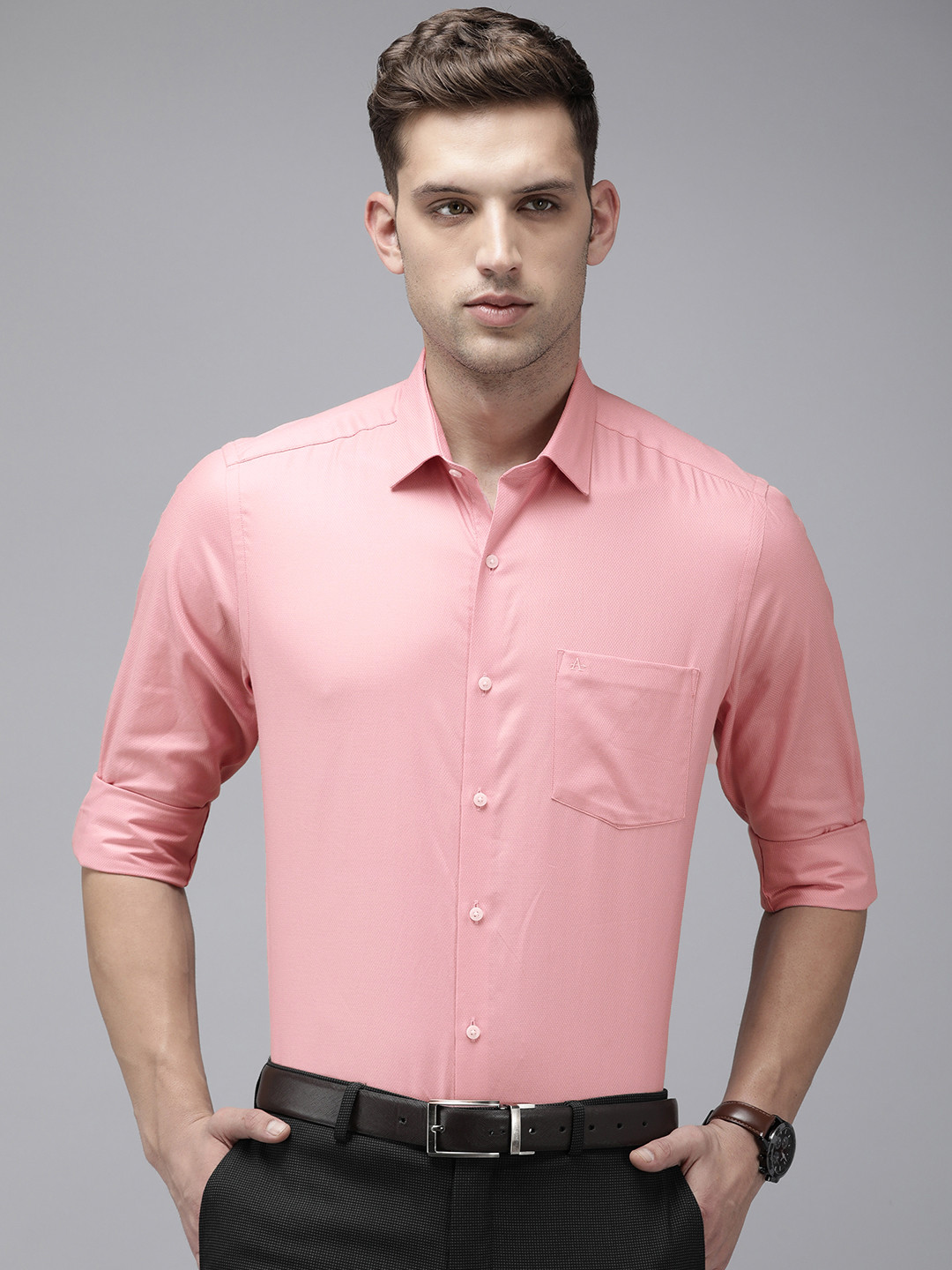 

Arrow Pure Cotton Self Design Textured Manhattan Slim Fit Formal Shirt, Pink