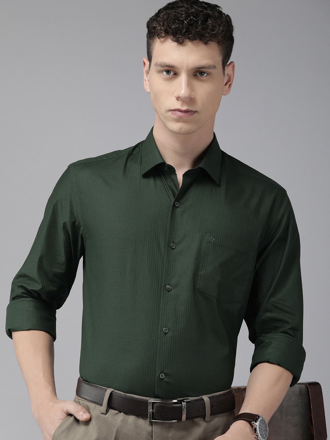 

Arrow Manhattan Slim Fit Textured Pure Cotton Formal Shirt, Green