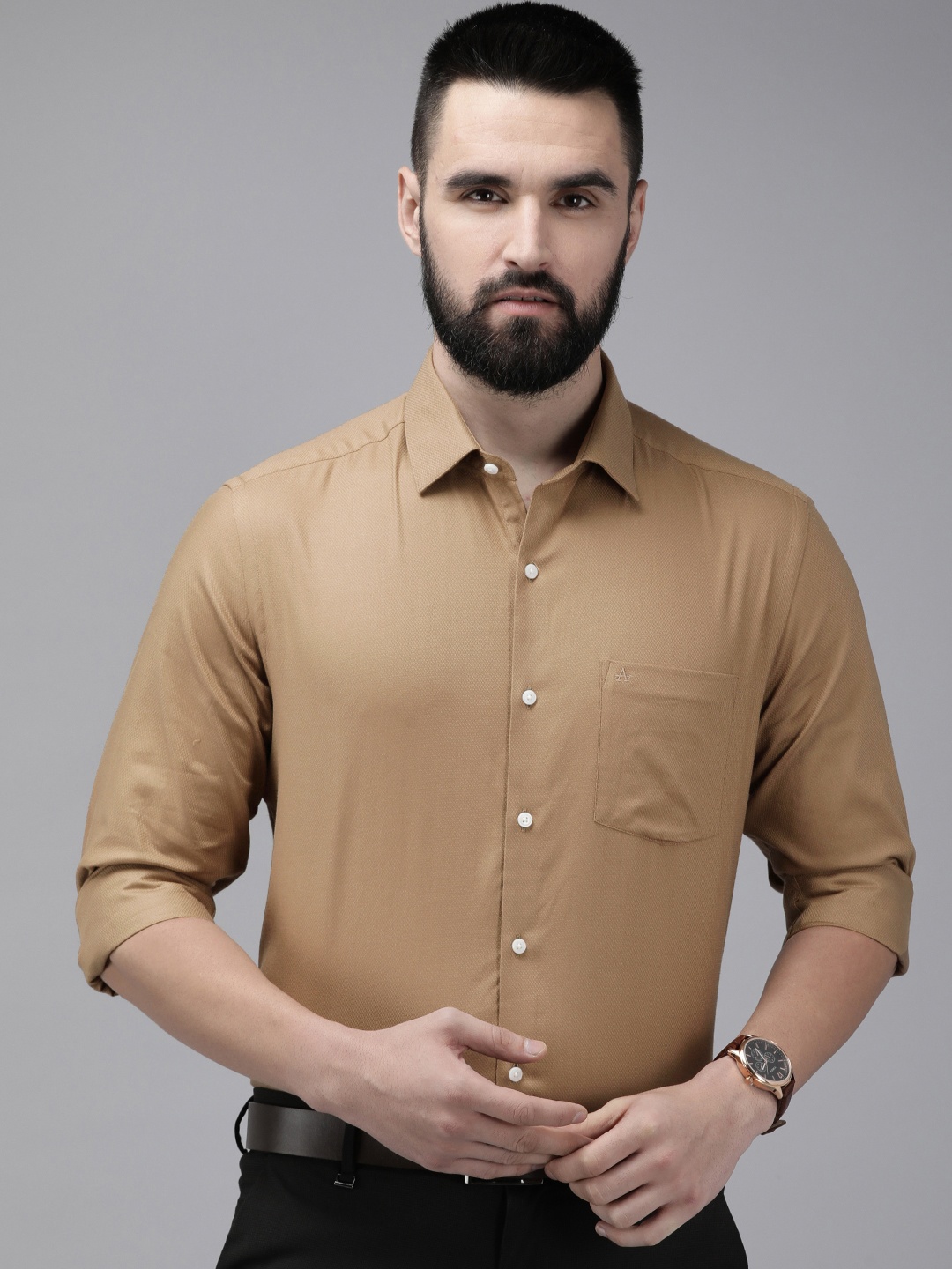 

Arrow Pure Cotton Self Design Textured Manhattan Slim Fit Opaque Formal Shirt, Brown