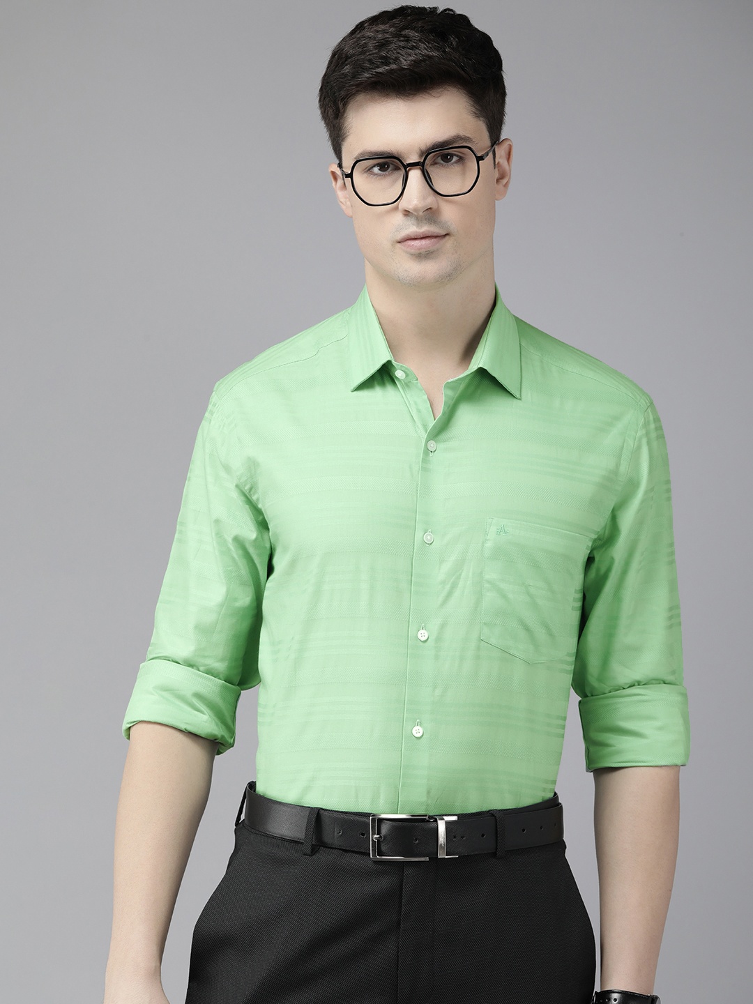 

Arrow Pure Cotton Manhattan Slim Fit Horizontal Self Stripes Opaque Formal Shirt, Green