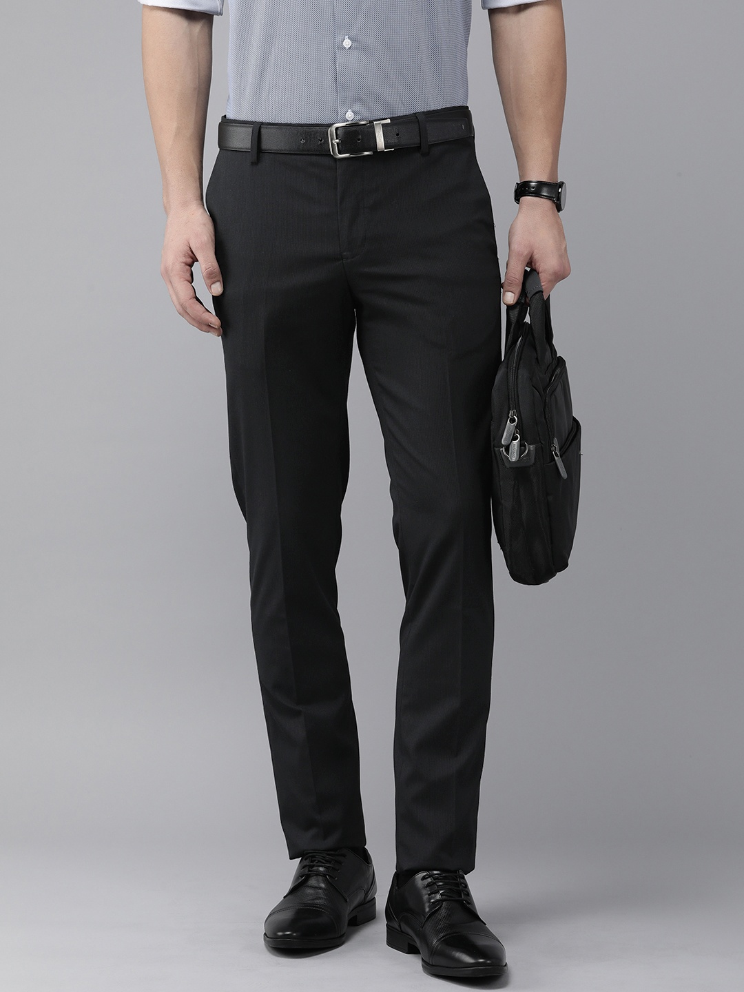 

Arrow Men Mid-Rise Self-Striped Tailored Trousers, Black