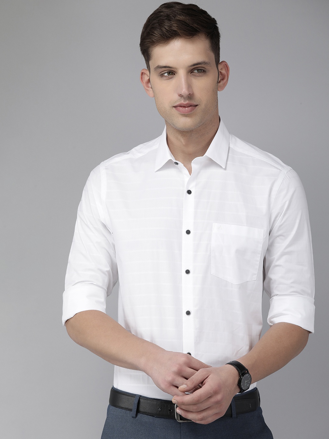 

Arrow Pure Cotton Manhattan Slim Fit Horizontal Self Stripes Formal Shirt, White
