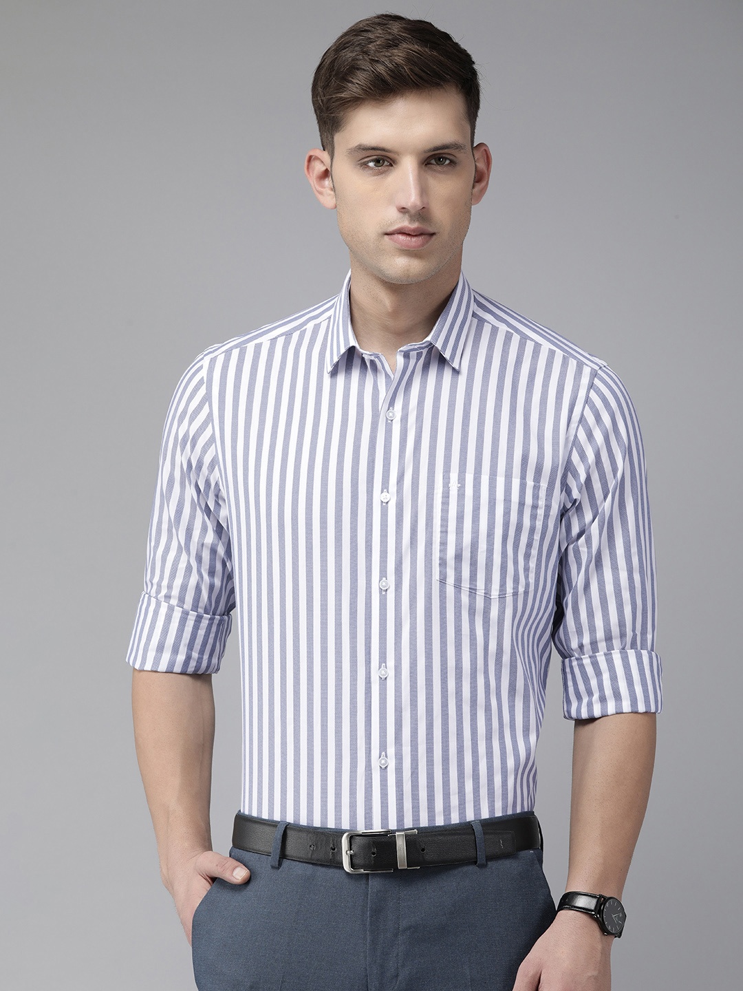

Arrow Pure Cotton Self Striped Manhattan Slim Fit Opaque Formal Shirt, Blue
