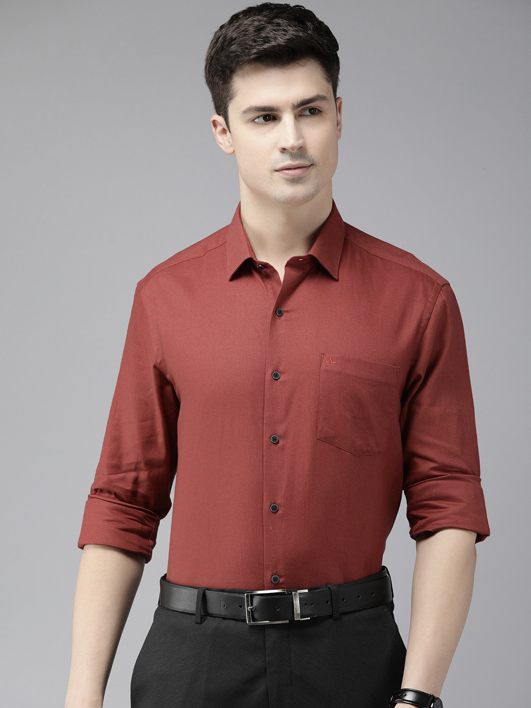 

Arrow Pure Cotton Self Design Textured Manhattan Slim Fit Opaque Formal Shirt, Rust