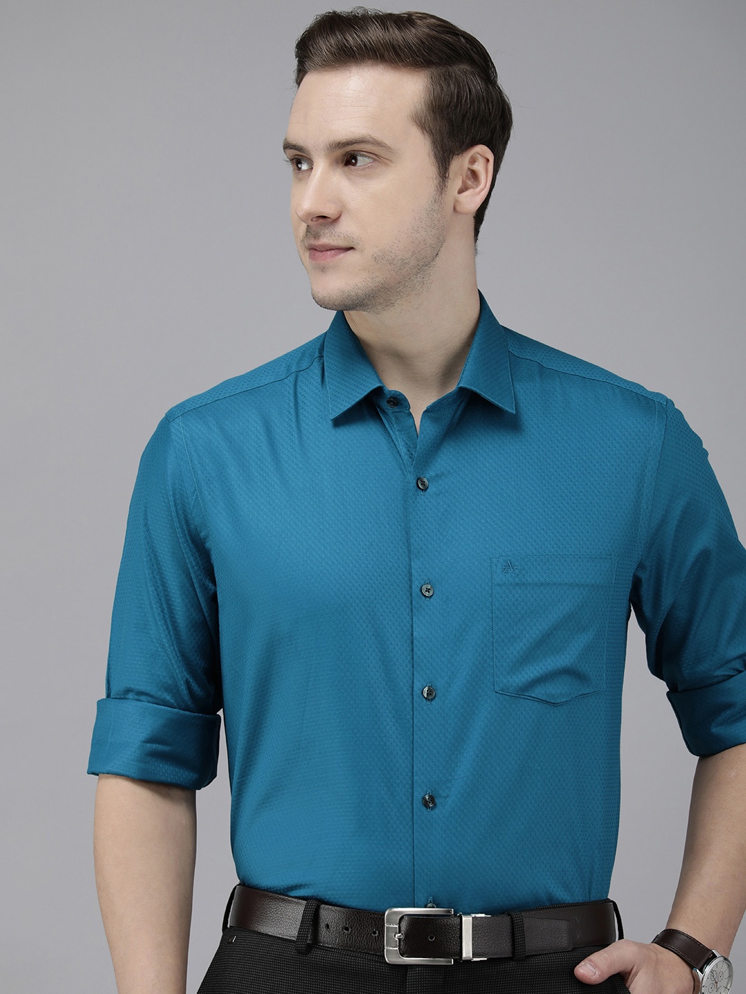 

Arrow Pure Cotton Self Design Textured Manhattan Slim Fit Formal Shirt, Teal