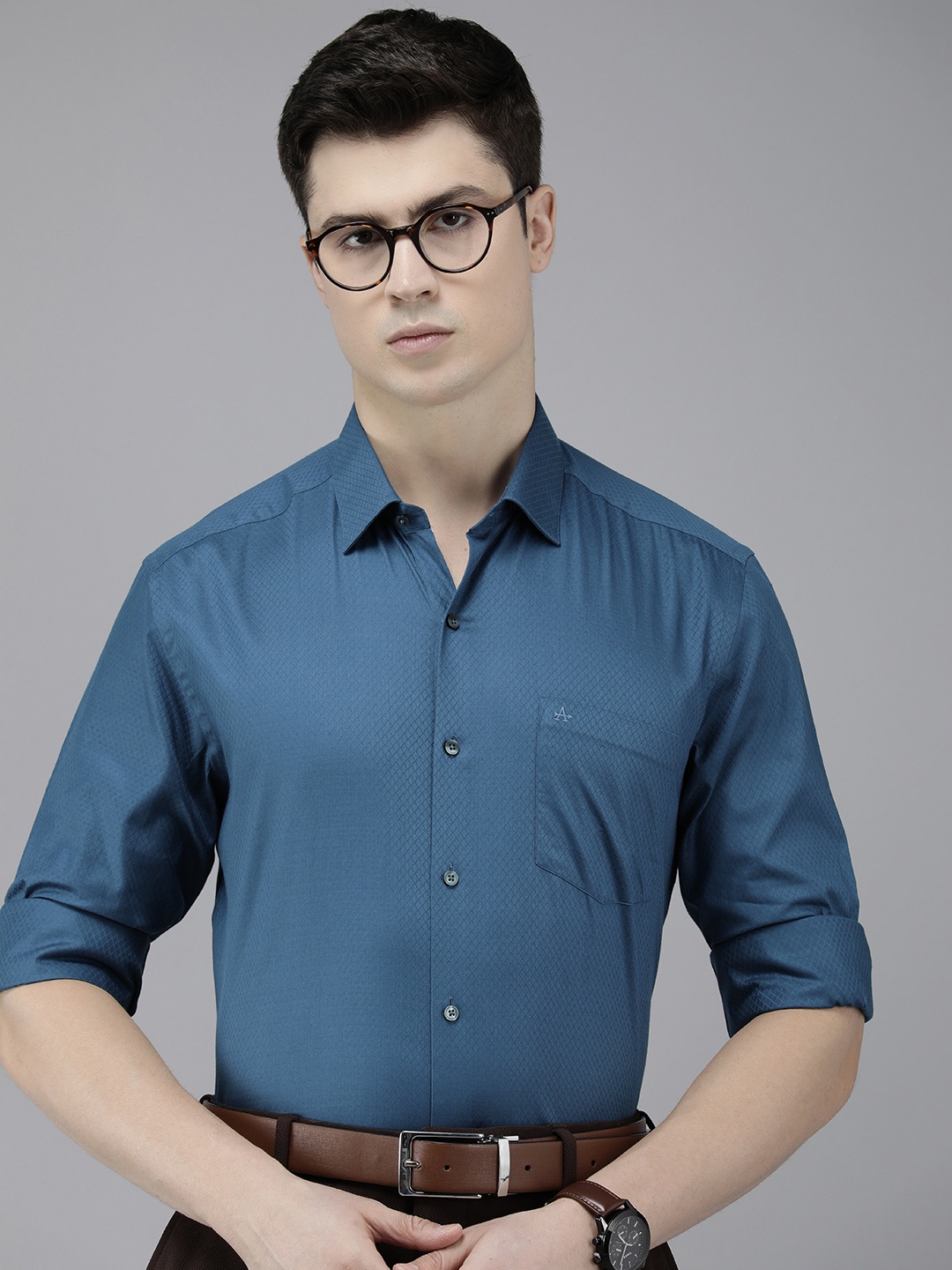 

Arrow Pure Cotton Self Design Textured Manhattan Slim Fit Formal Shirt, Blue