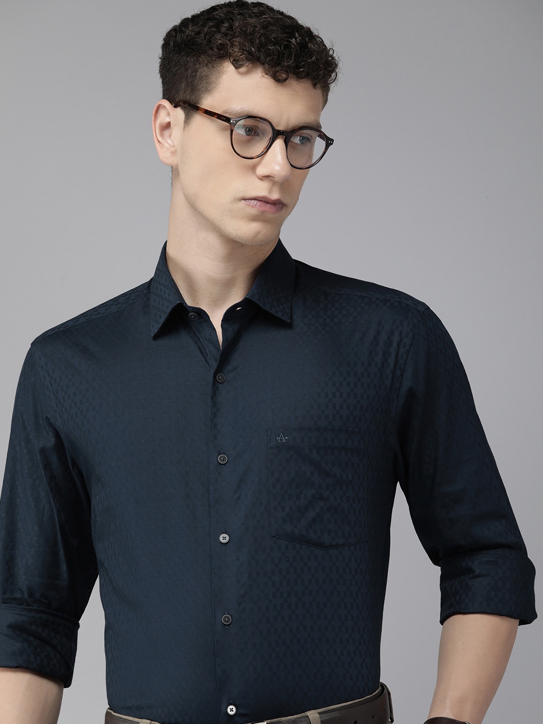 

Arrow Manhattan Slim Fit Textured Pure Cotton Formal Shirt, Navy blue