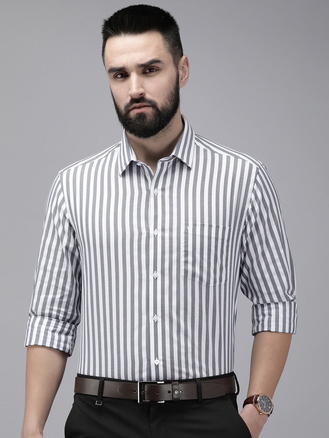 

Arrow Pure Cotton Self Striped Manhattan Slim Fit Formal Shirt, Grey
