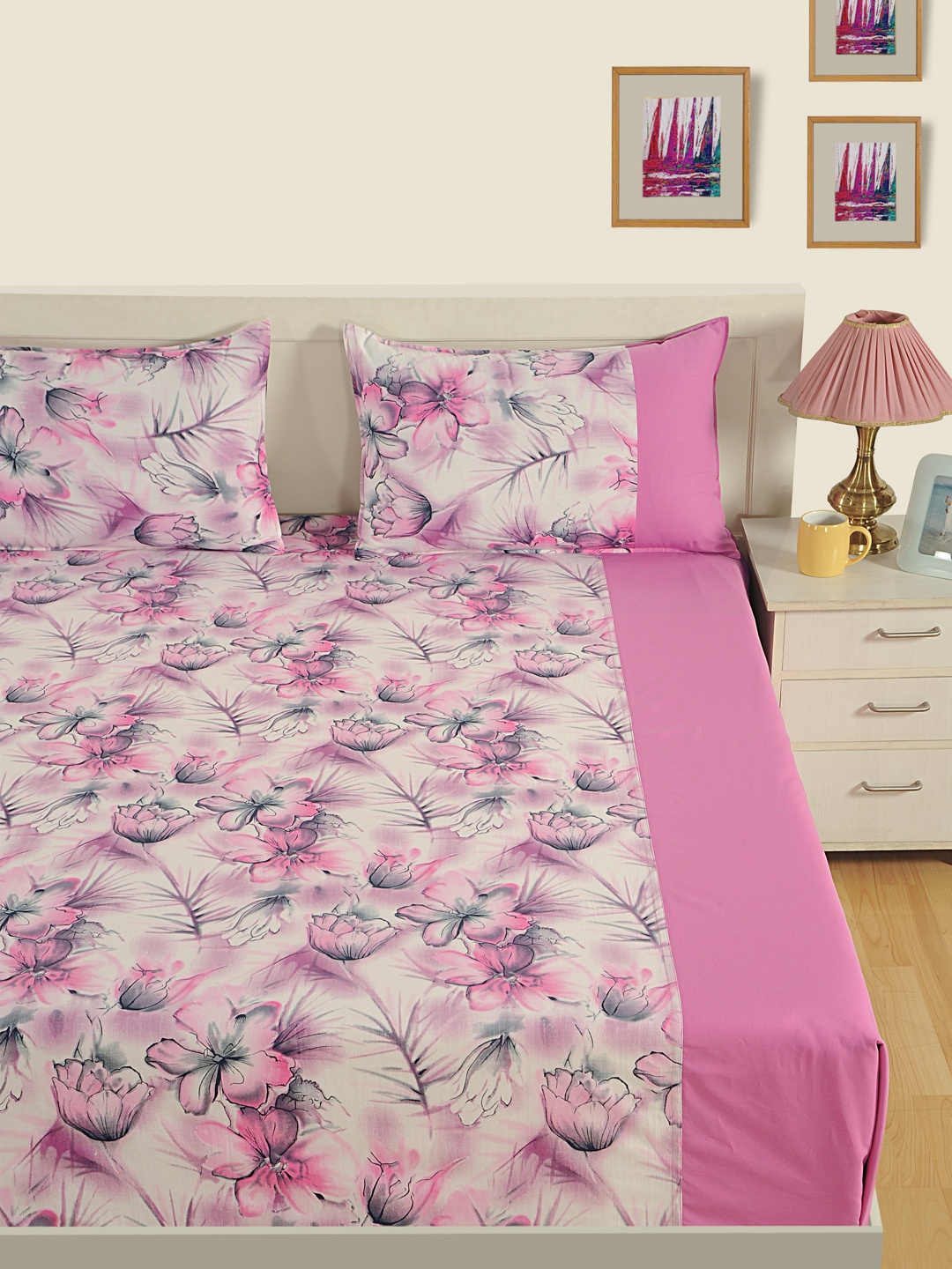 

SWAYAM Pink & Off-White Floral Flat 200 TC Cotton 1 King Bedsheet with 2 Pillow Covers