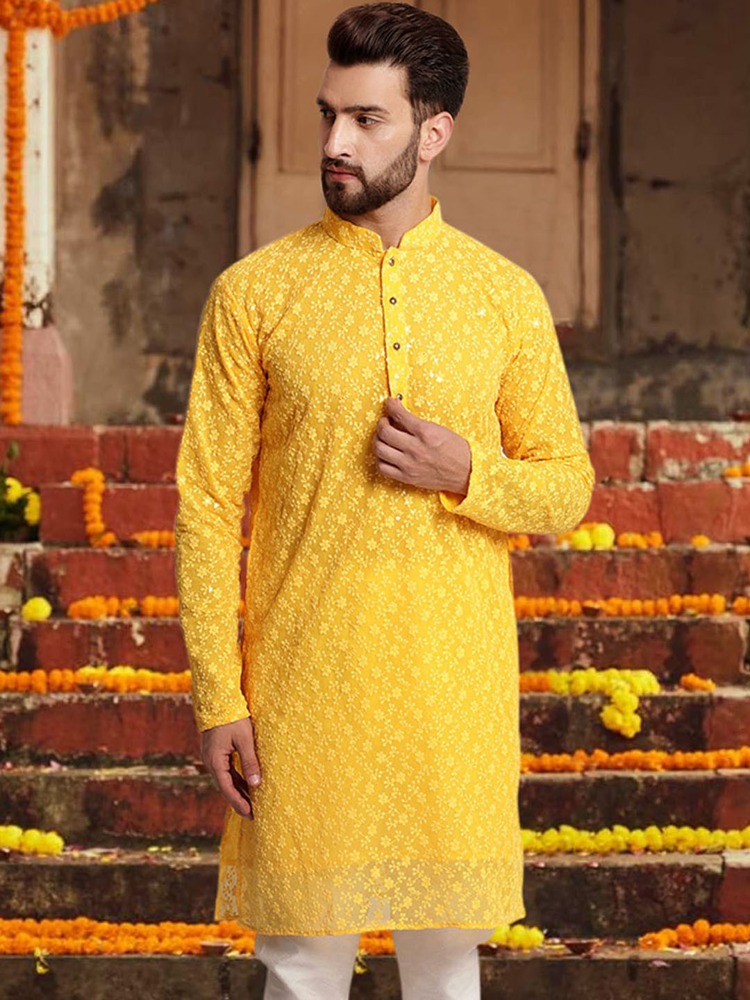 

TREEMODA Thread Work Pure Cotton Straight Kurta, Yellow