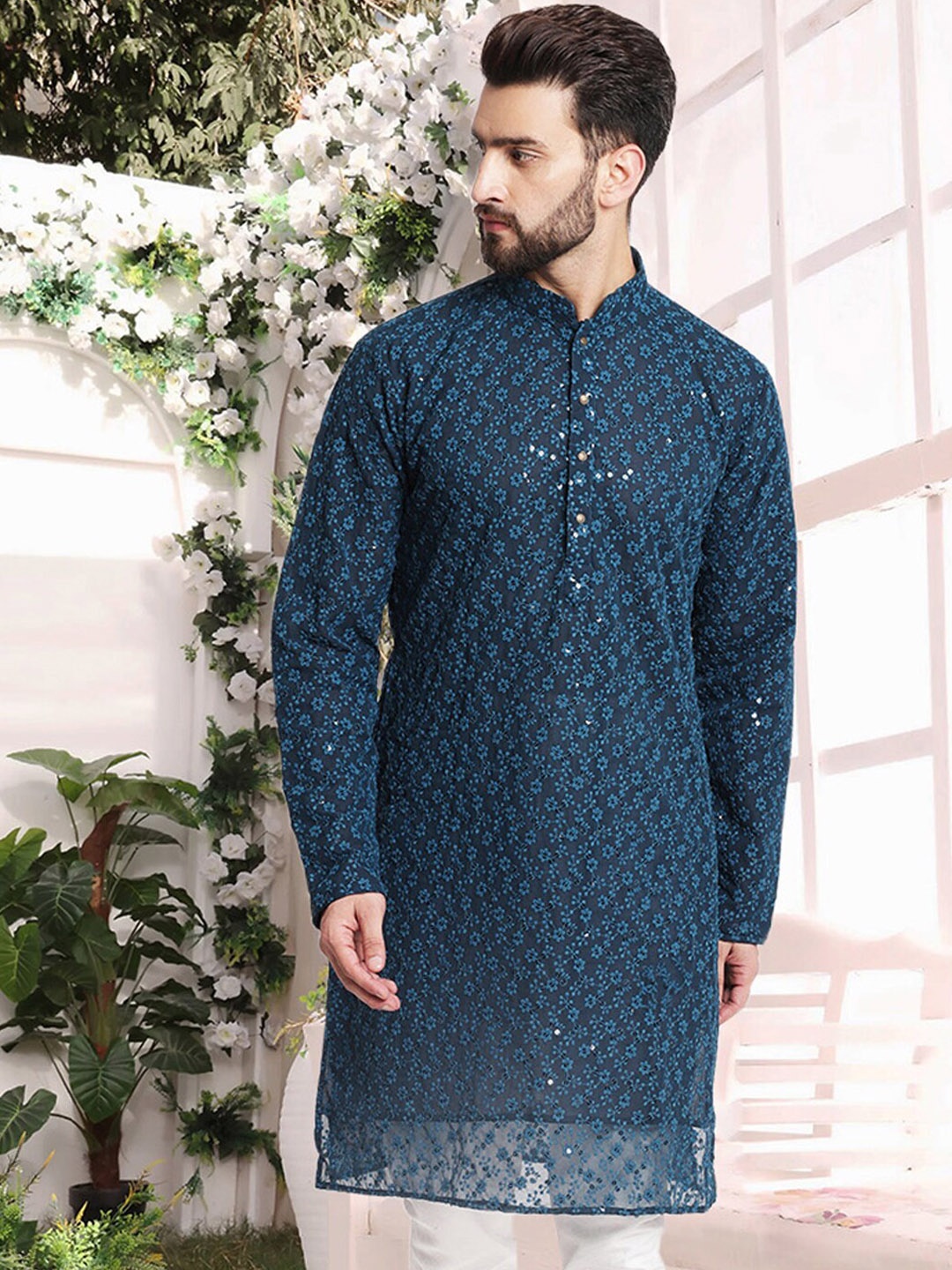 

TREEMODA Thread Work Pure Cotton Straight Kurta, Blue