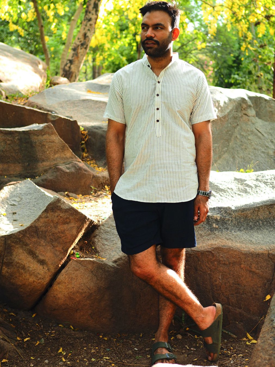 

Aashima Wahal Striped Band Collar Cotton Kurta, Off white