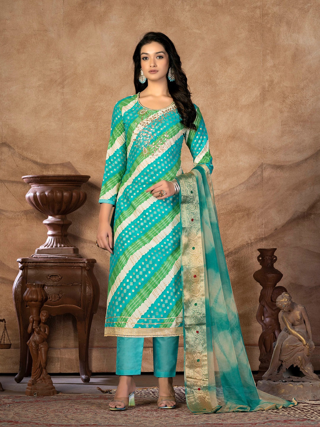 

KALINI Leheriya Embellished Unstitched Dress Material, Sea green