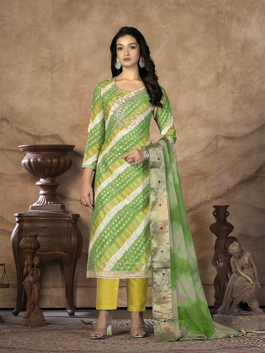 

KALINI Leheriya Embellished Unstitched Dress Material, Green